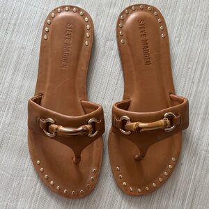 Steve Madden Tan Slide Sandals with Gold and Bamboo Accents